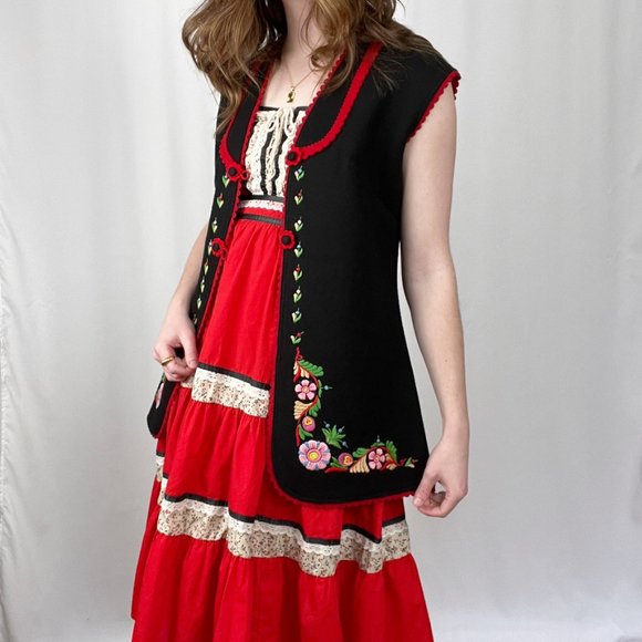 Vintage Cottagecore Tiered Floral Lace Milkmaid Alps German Peasant Midi Dress - Picture 4 of 11